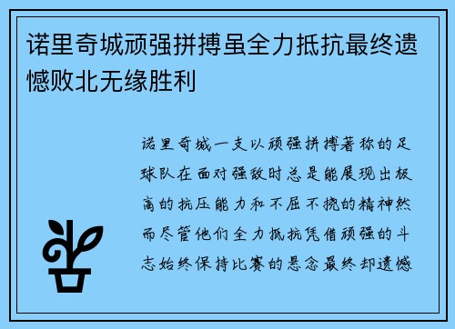 诺里奇城顽强拼搏虽全力抵抗最终遗憾败北无缘胜利