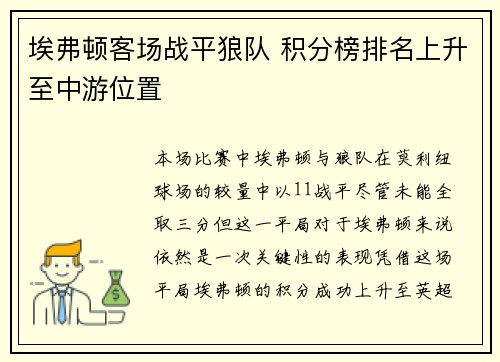 埃弗顿客场战平狼队 积分榜排名上升至中游位置