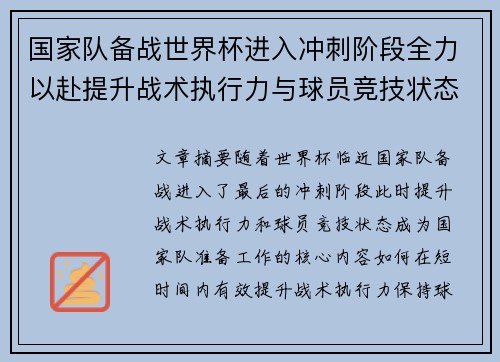 国家队备战世界杯进入冲刺阶段全力以赴提升战术执行力与球员竞技状态