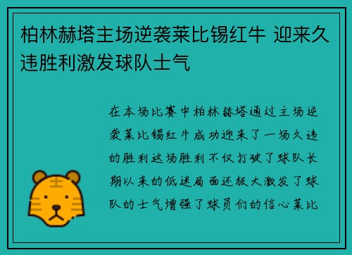 柏林赫塔主场逆袭莱比锡红牛 迎来久违胜利激发球队士气