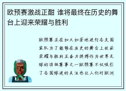 欧预赛激战正酣 谁将最终在历史的舞台上迎来荣耀与胜利
