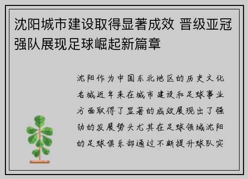 沈阳城市建设取得显著成效 晋级亚冠强队展现足球崛起新篇章